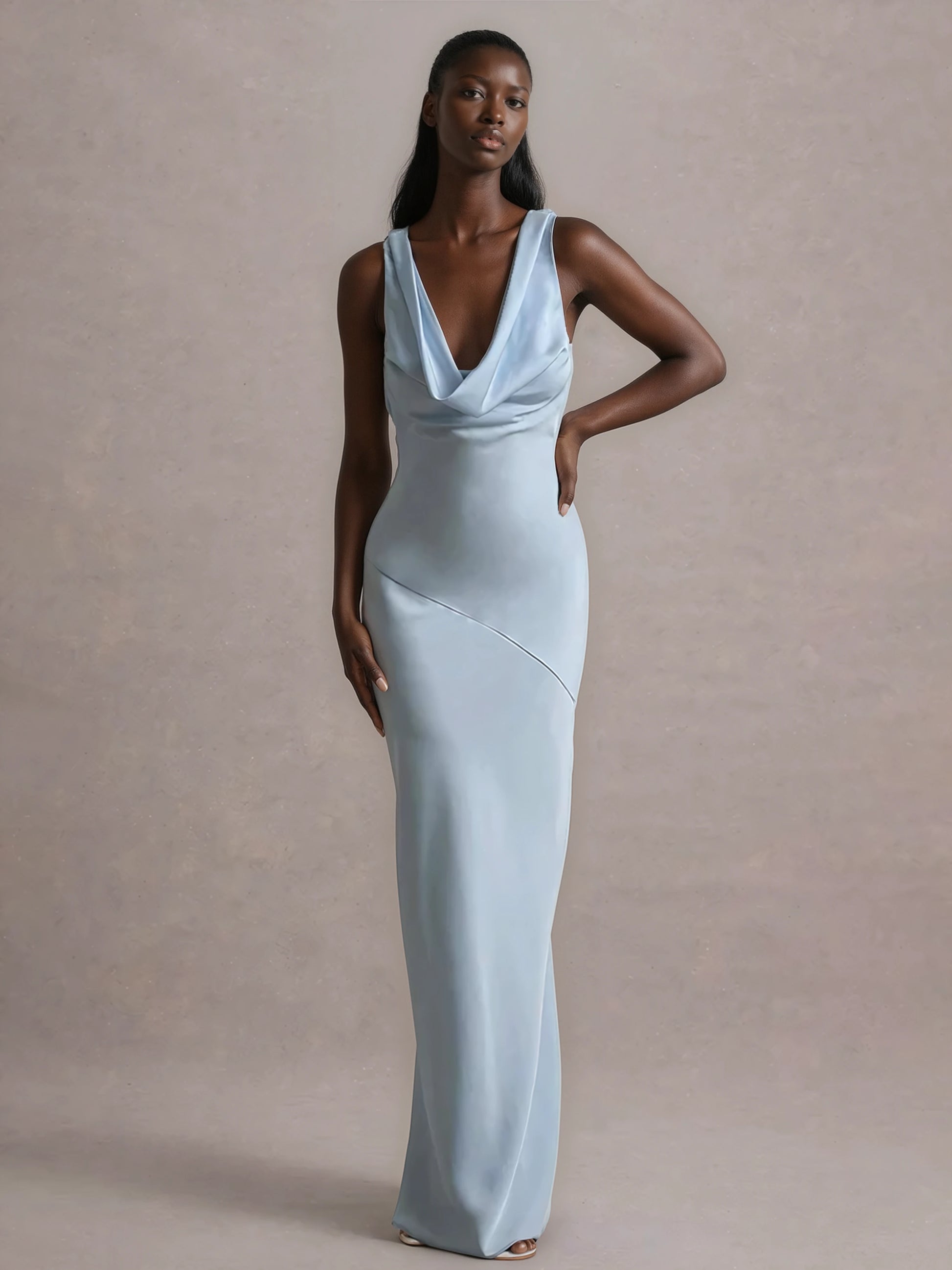 A&A Luxe Cowl Neck And Backless Satin Maxi Dress