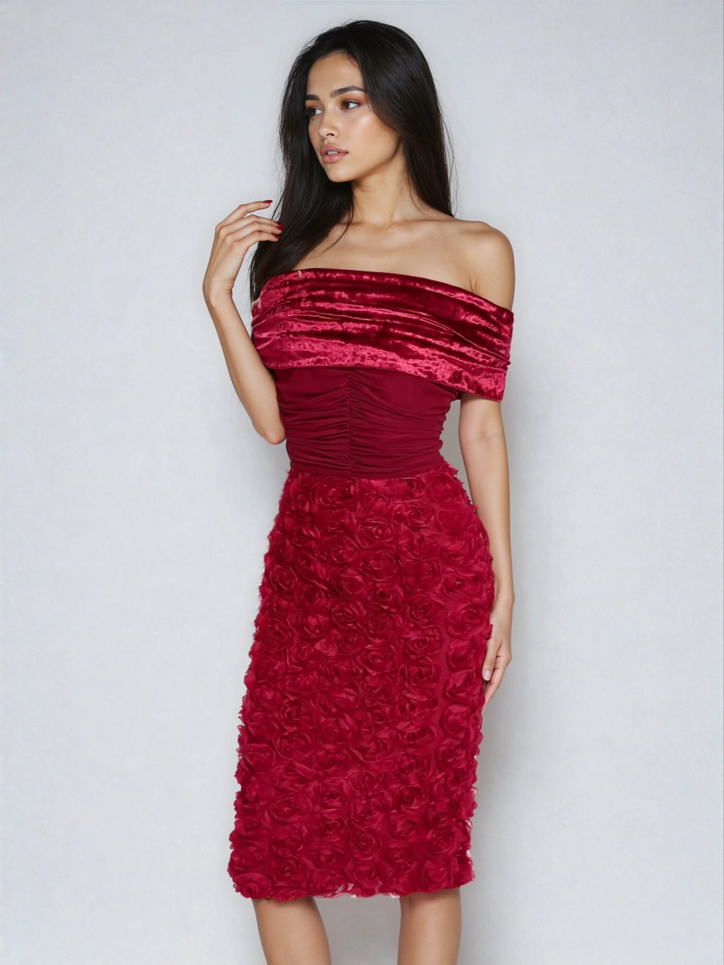 A&A Luxe Off The Shoulder Flower Mesh Midi Dress