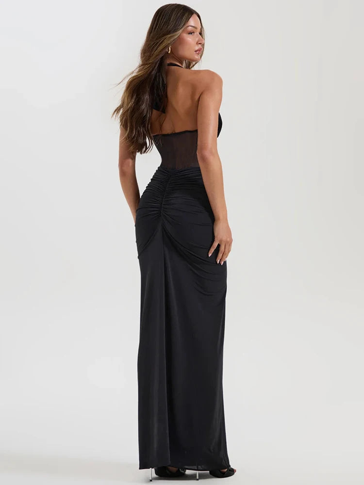 A&A Luxe Halter Corset Maxi Dress – Black & White Evening Gown