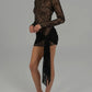 A&A Sheer Lace Long Sleeved Ruched Wrap Mini Dress