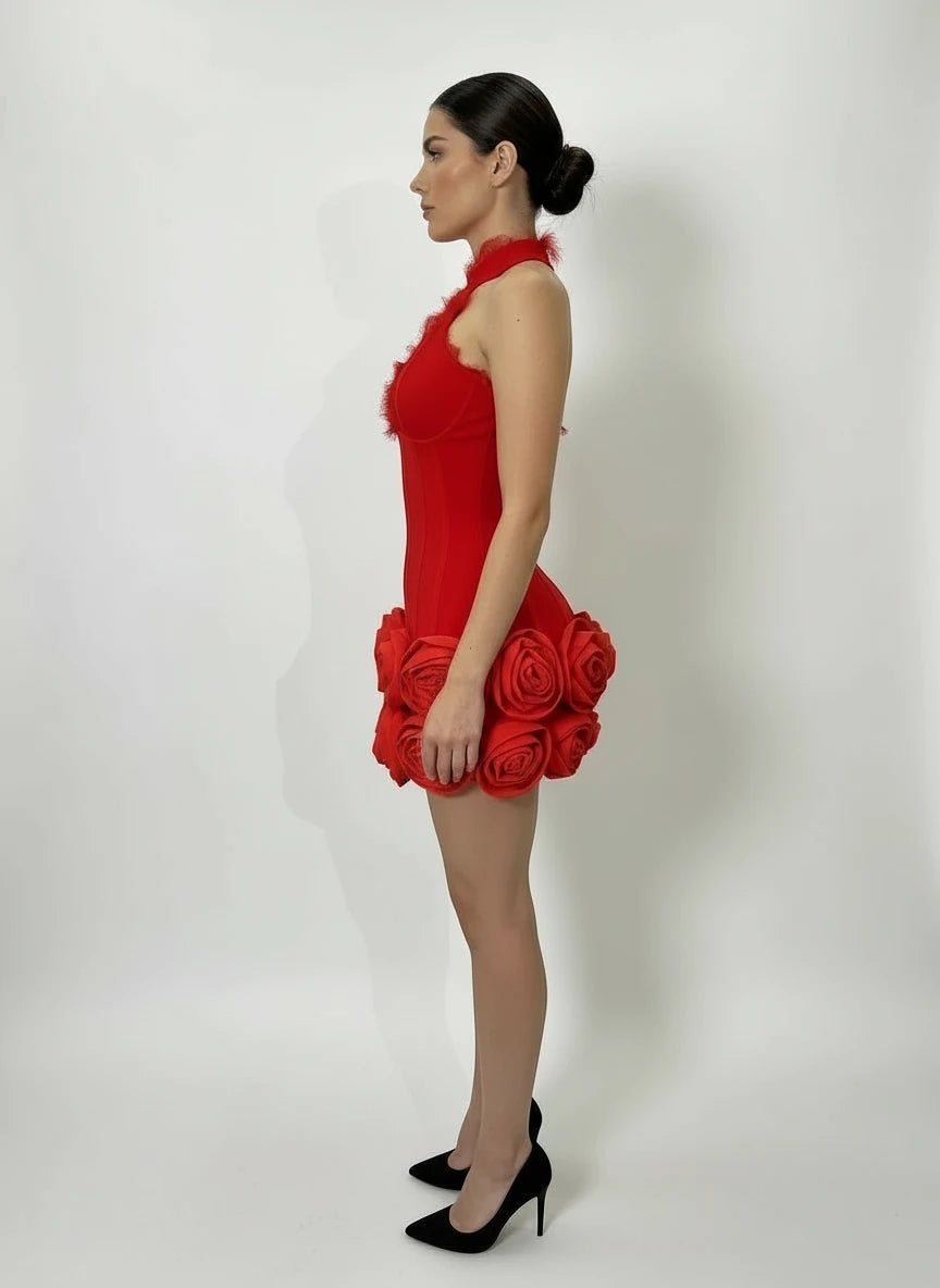 A&A Luxe Halter Lace Red Rose Bodycon Mini Bandage Dress