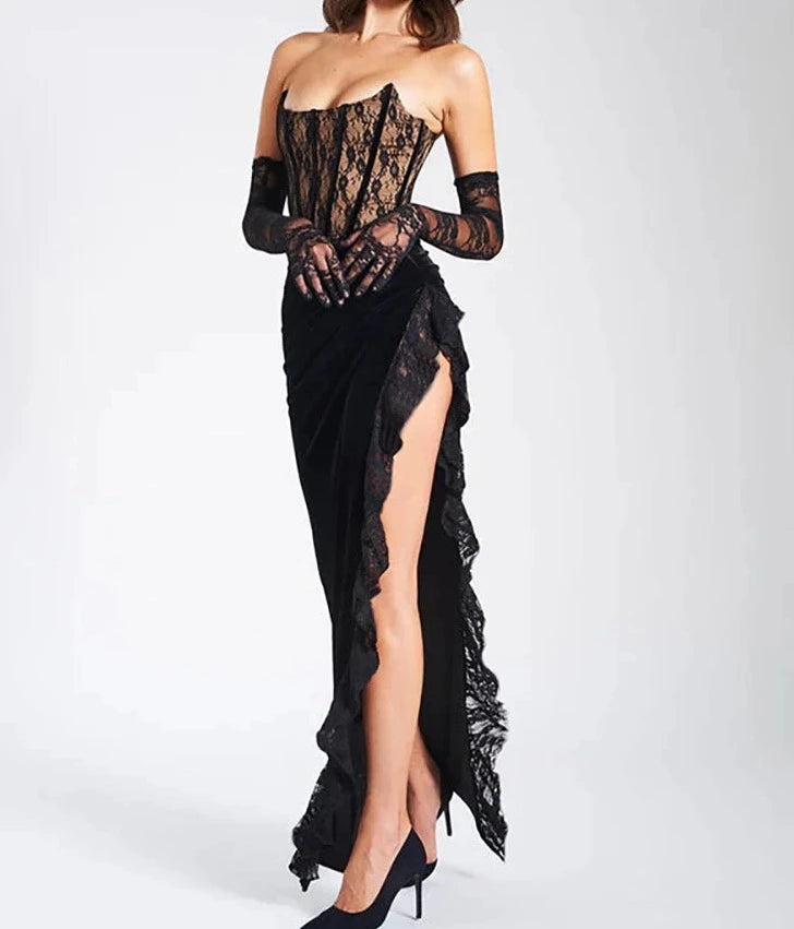 A&A Lace Corset Asymmetric Slit Velvet Midaxi Dress