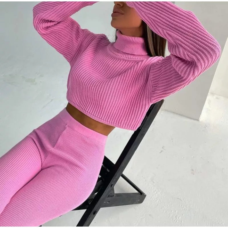 A&A Knitted Two Piece Cropped Turtleneck and Pants Set