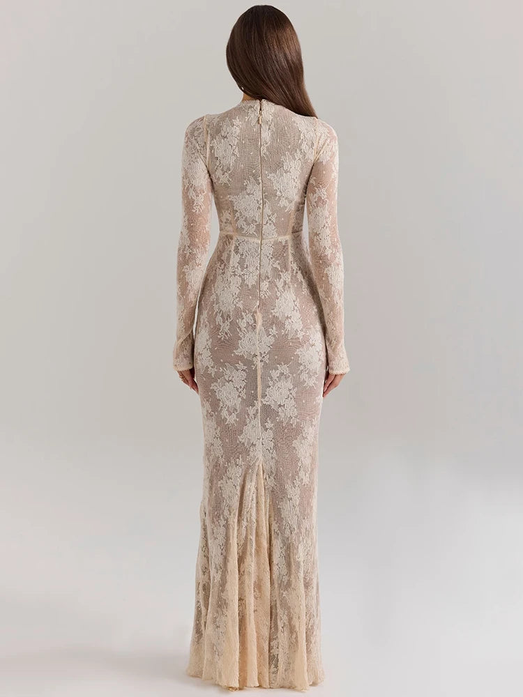 A&A Luxe High Collar Bodycon Lace Print Long Sleeve Maxi Dress