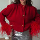 A&A Eline Red Feather Sleeve Knitted Cardigan