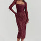 A&A Lace Print Bodycon Burgundy Midi Dress