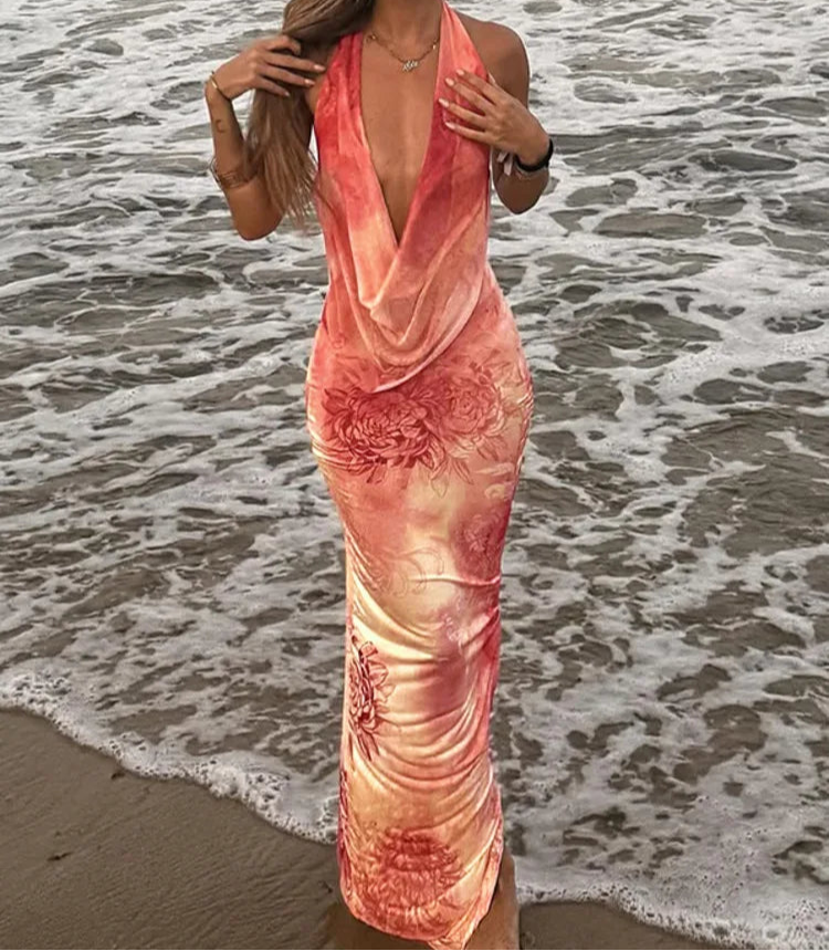 A&A Halter Backless Peach Floral Maxi Dress ARIELLA & AYANA A&A Halter Backless Peach Floral Maxi Dress ARIELLA & AYANA