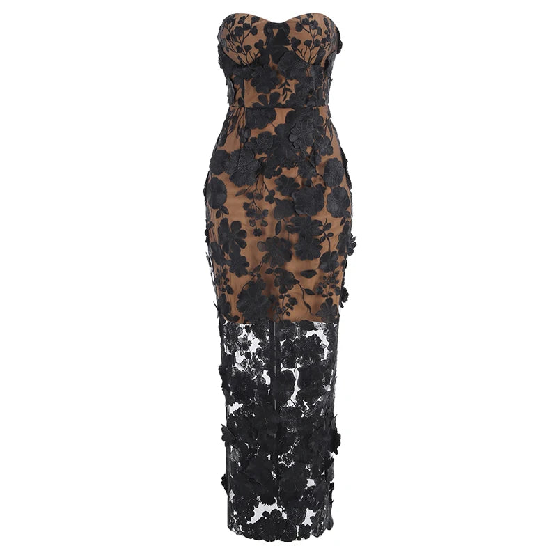 A&A Luxe Embroidered Flower Lace Mesh Strapless Dress