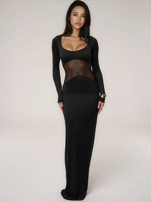 A&A Mesh Long Sleeve Sheer Insert Bodycon Maxi Dress