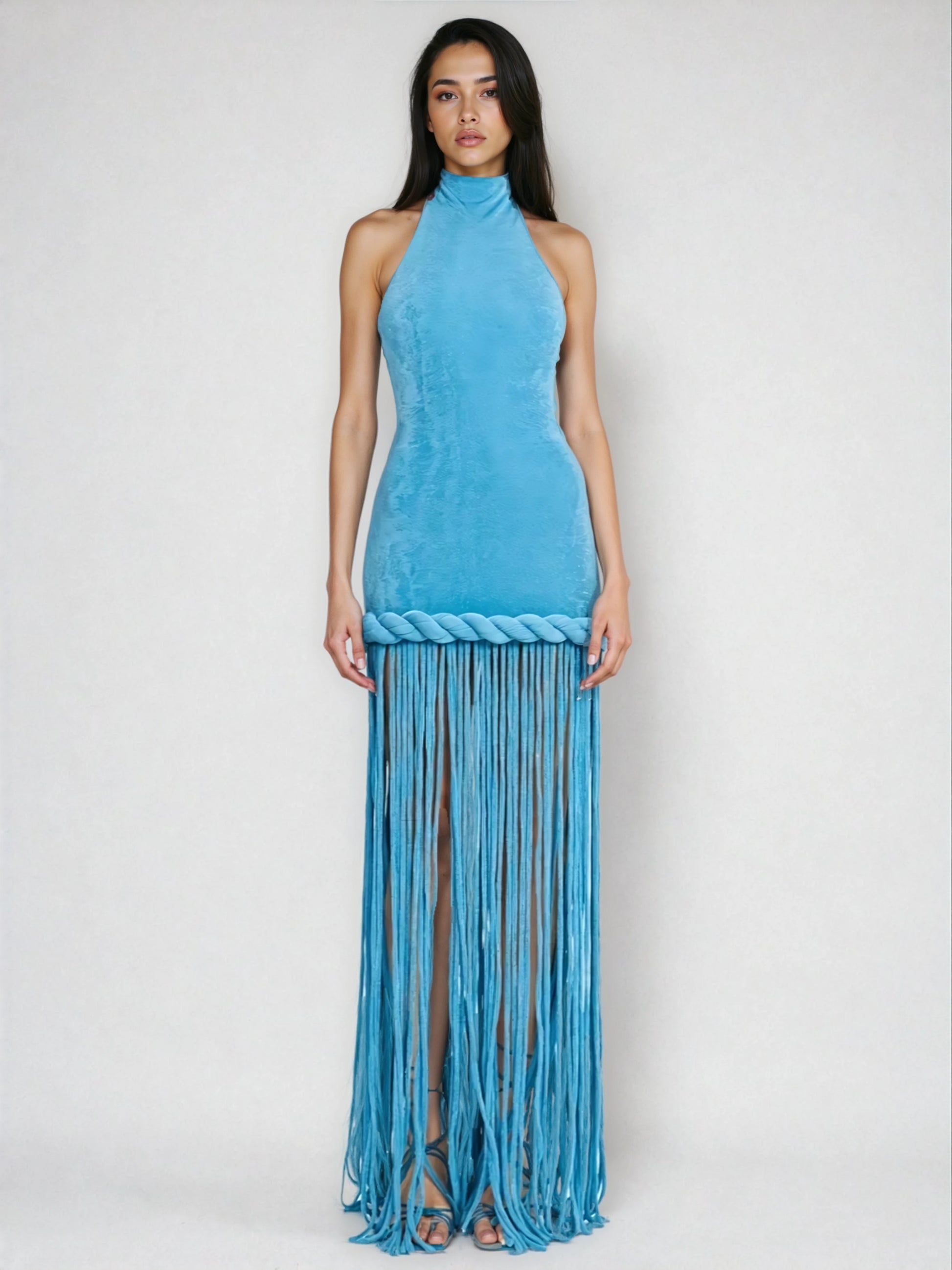 A&A Luxe Halter Neck Twist Knot Tassel Sleeveless Maxi Dress - Blue / XS A&A Luxe Halter Neck Twist Knot Tassel Sleeveless Maxi Dress - Blue / XS