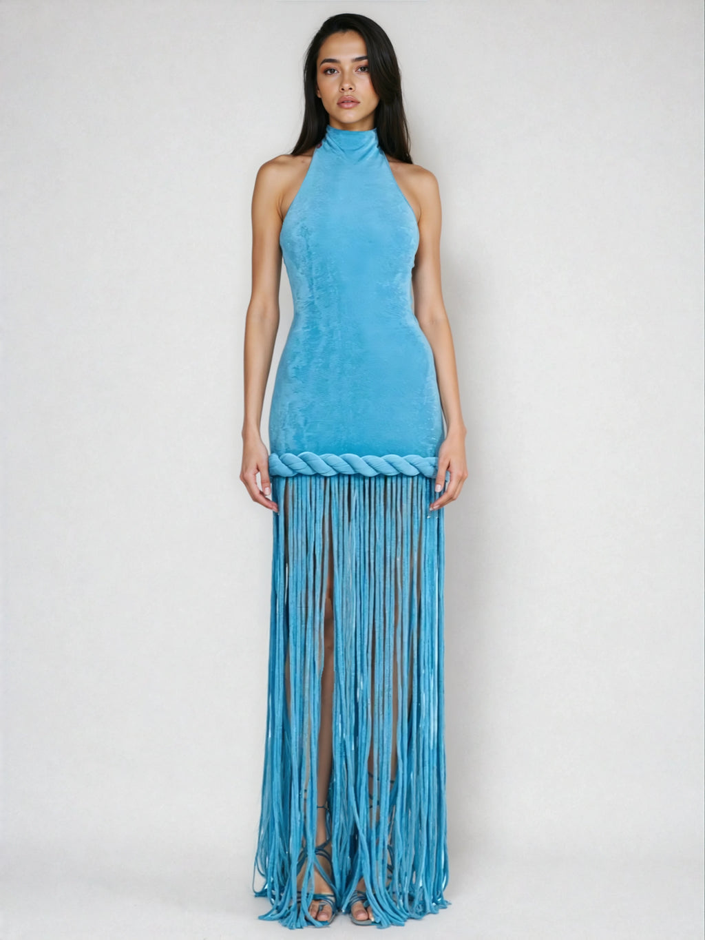 A&A Luxe Halter Neck Twist Knot Tassel Sleeveless Maxi Dress