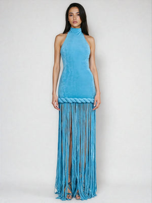 A&A Luxe Halter Neck Twist Knot Tassel Sleeveless Maxi Dress