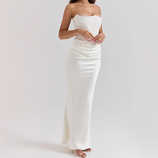 A&A Luxe Satin White Draped Maxi Dress