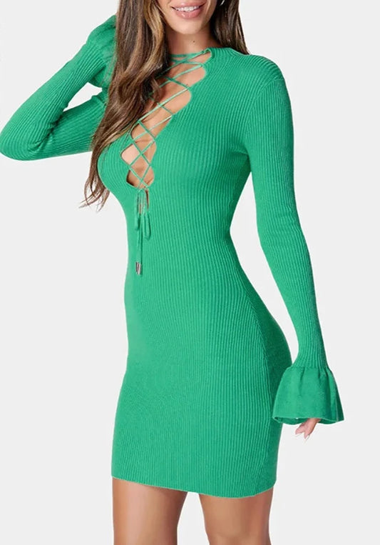 A&A Knitted Hollow Out Green Flare Sleeve Mini Dress