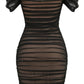 A&A Off The Shoulder Mesh Ruched Midi Bodycon  Dress