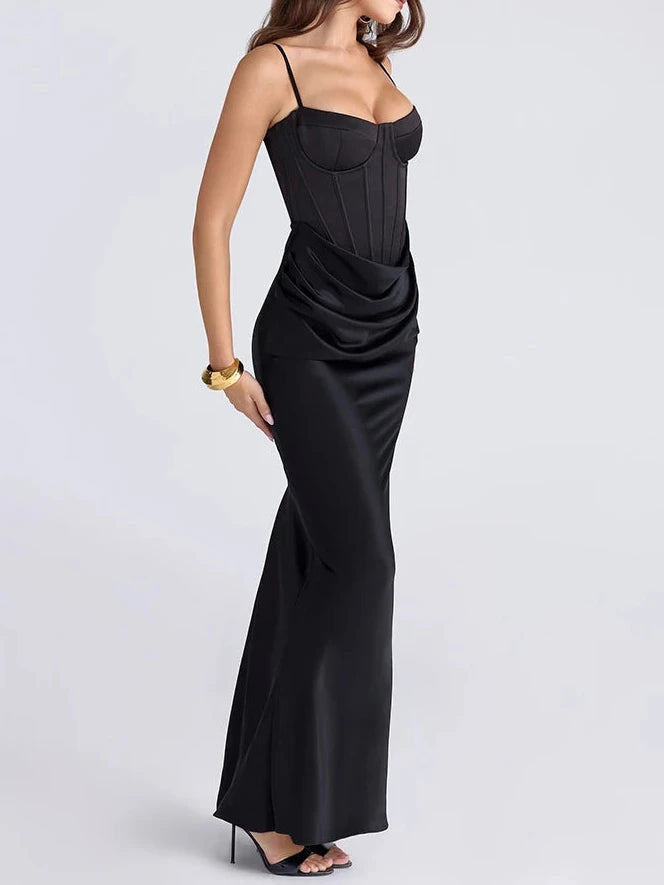A&A Spaghetti Strap Ruched Black Maxi Dress