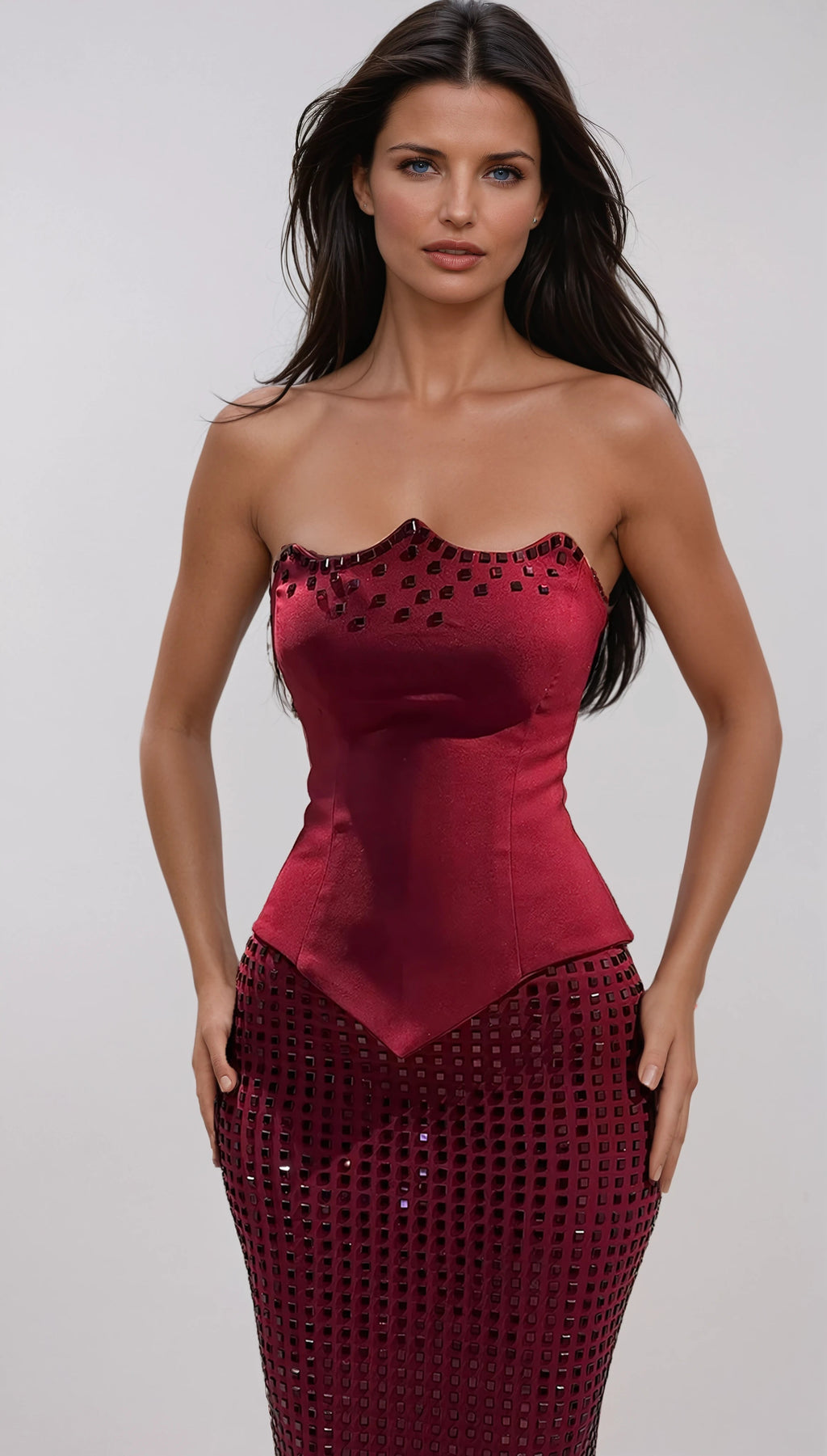 A&A Luxe Red Embellished Strapless Corset Sequin Maxi Skirt Set