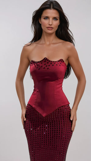 A&A Luxe Red Embellished Strapless Corset Sequin Maxi Skirt Set