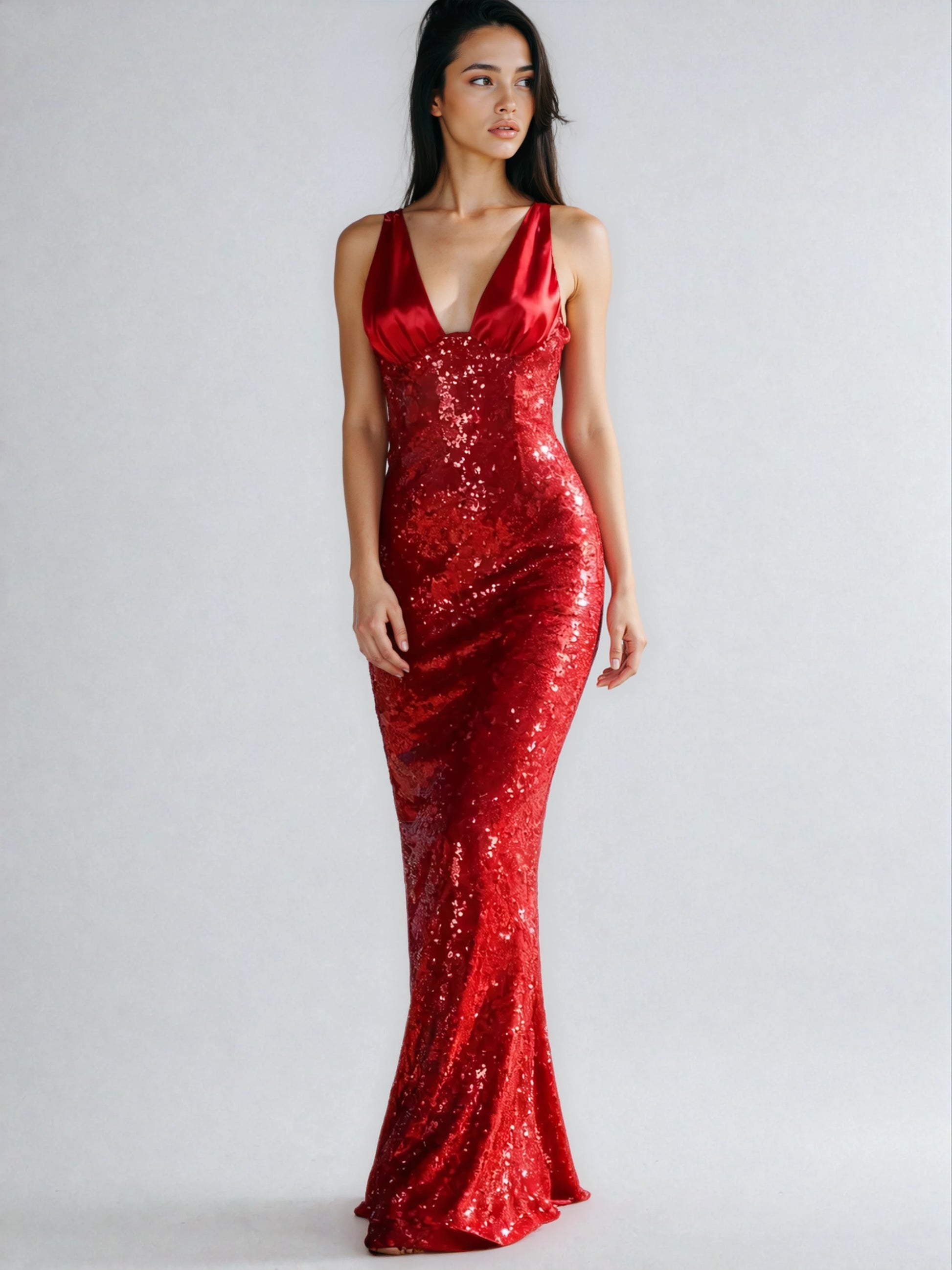 A&A Luxe V Neck Red Sequined Maxi Dress