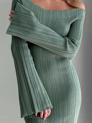 A&A Elegant Long Sleeve Ribbed Off-Shoulder Maxi Dress