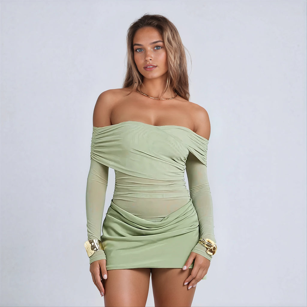 A&A Off-Shoulder Mesh Rushed Long Sleeve Bodycon Mini Dress
