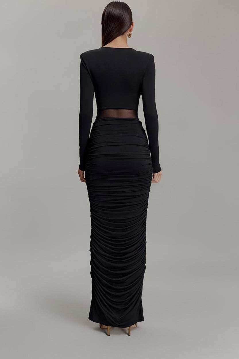 A&A Long Sleeved Ruched Slinky Bodycon Maxi Dress