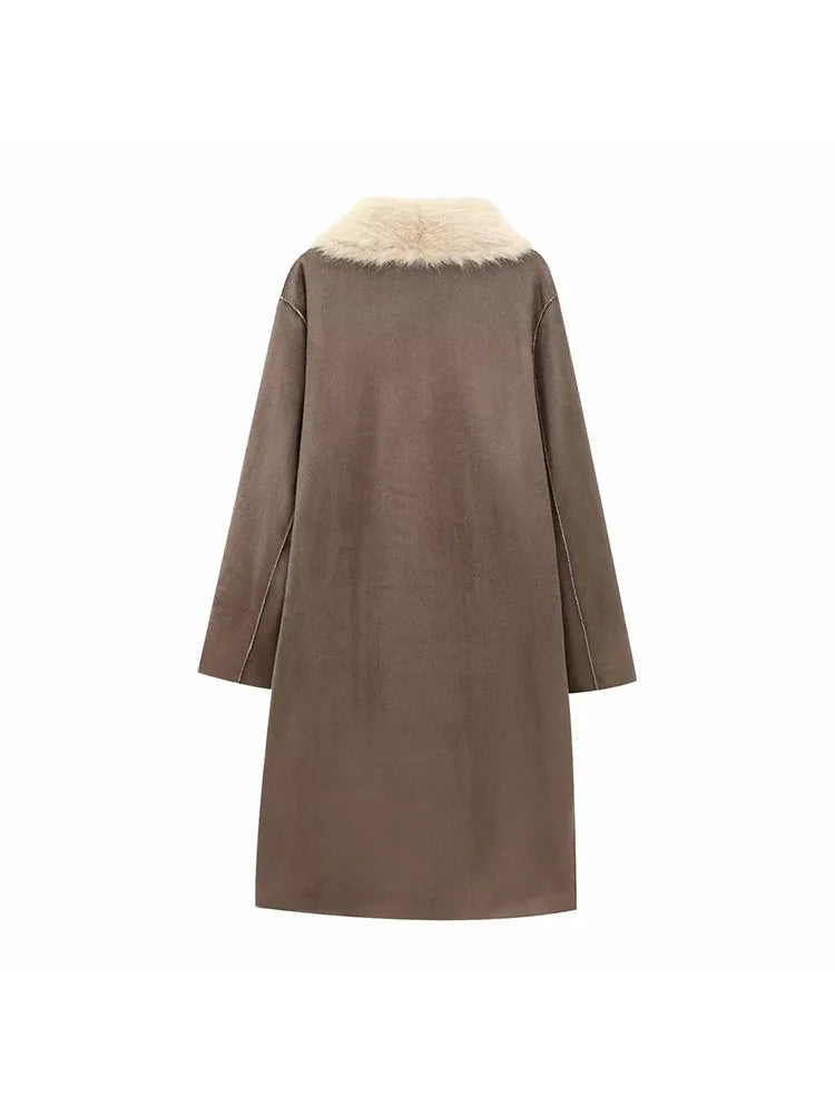A&A Reversible Faux Fur & Suede Coat in Beige & Mocha Brown