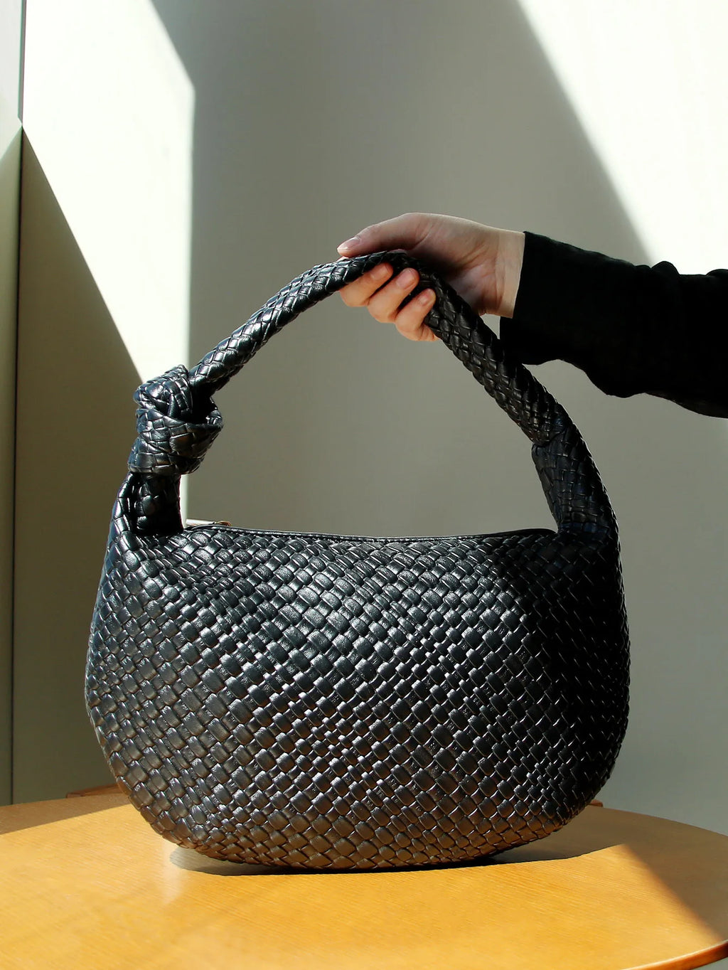 A&A Tindra Woven Knot Handle Black Handbag