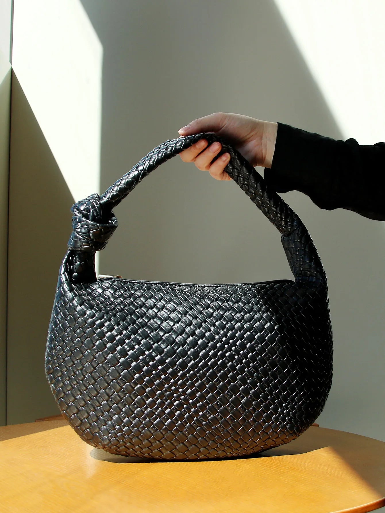 A&A Tindra Woven Knot Handle Black Handbag