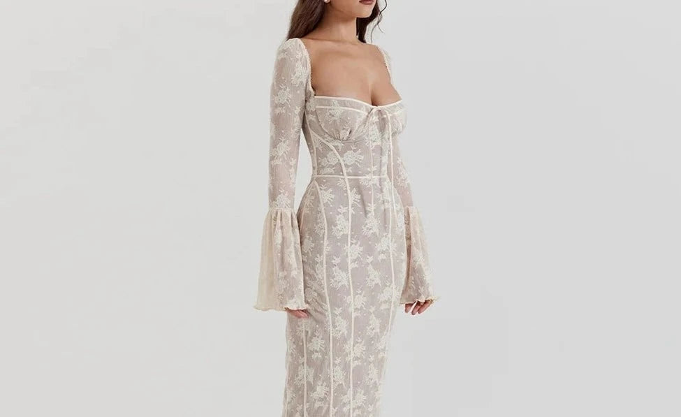 A&A  Luxe Lace Vintage Floral Long Sleeve Midi Dress