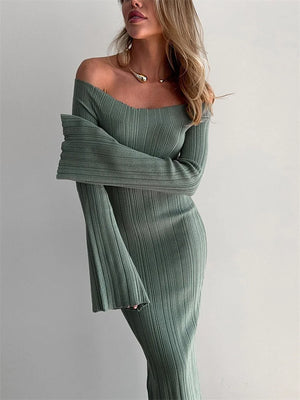 A&A Elegant Long Sleeve Ribbed Off-Shoulder Maxi Dress