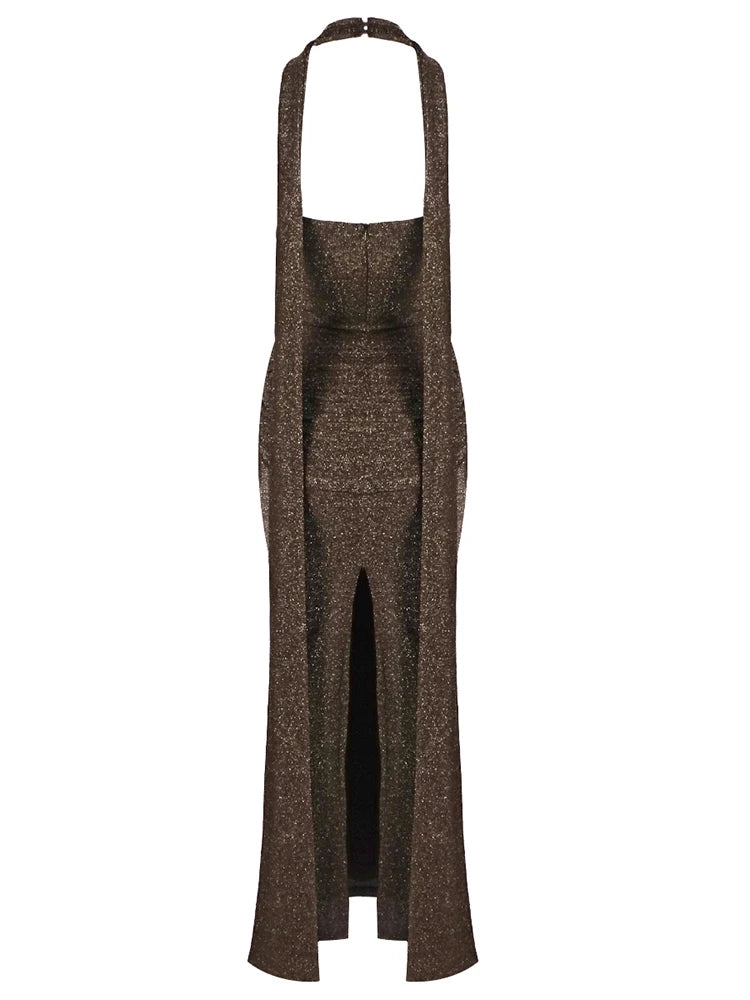 A&A Cressida Halter Neck Draped Glitter Maxi Dress
