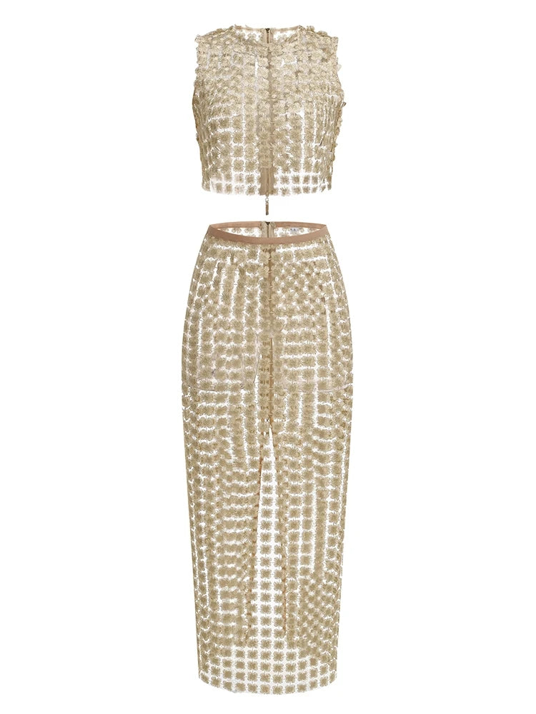 A&A Luxe Champagne Gold Embellished Two Piece Set Crop Top & Maxi Skirt