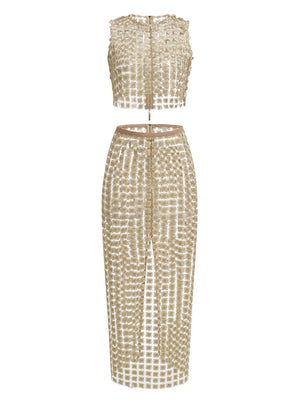 A&A Luxe Champagne Gold Embellished Two Piece Set Crop Top & Maxi Skirt
