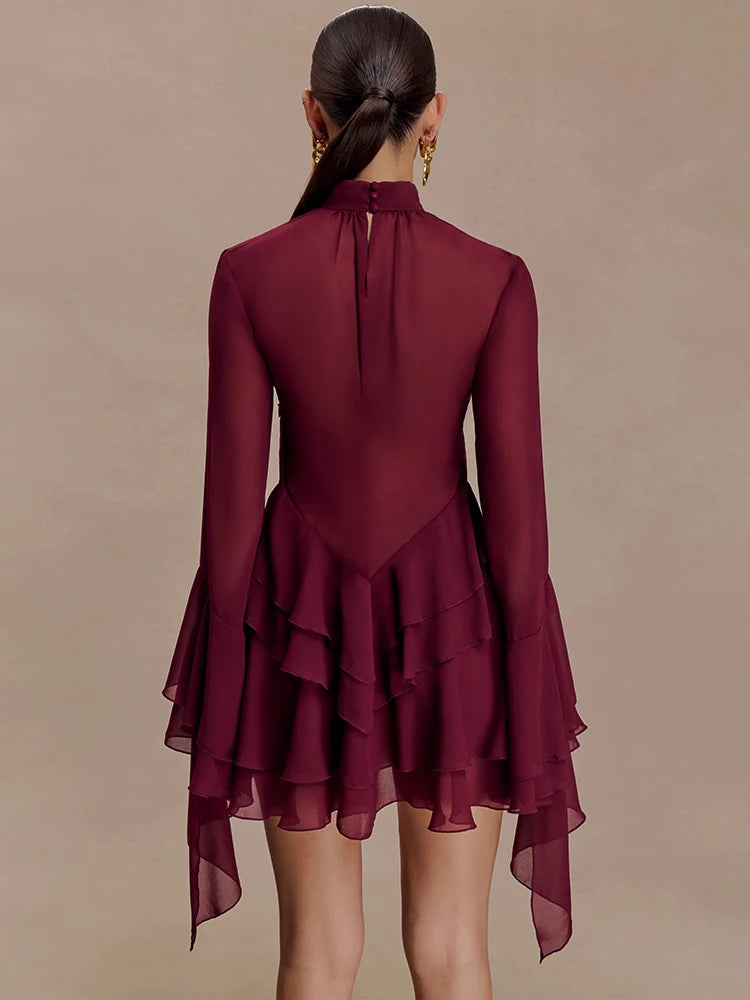 A&A Mesh Ruffle Long Sleeve Tiered Ruffle Dress