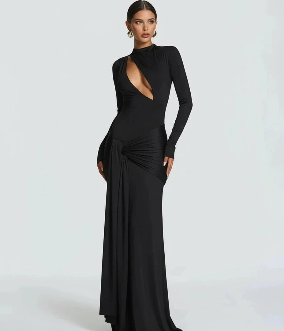 A&A Plunged Cut Out Draped Ruched Bodycon Maxi Dress