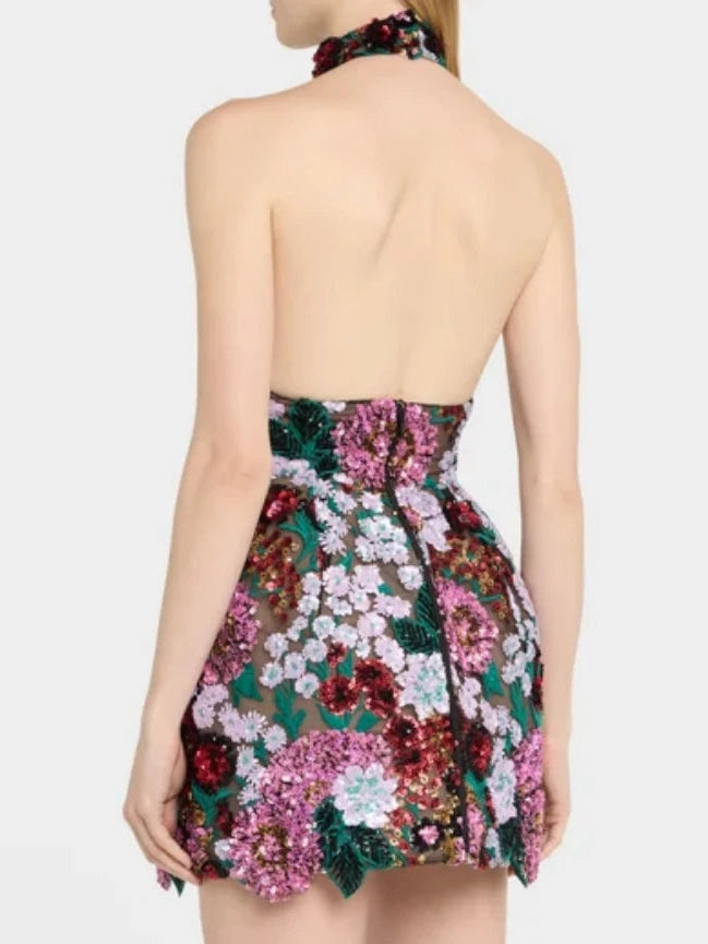 A&A Luxe Halter Neck Embroidered Floral Sequined Mini Dress