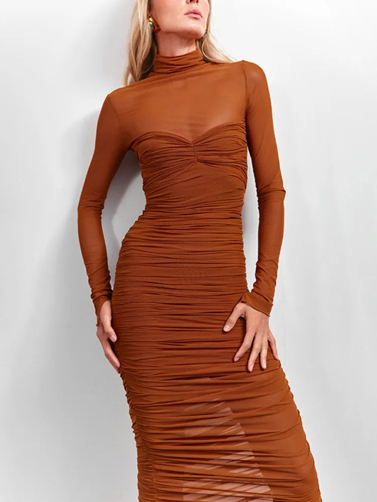 A&A Ruched Burnt Orange Mesh Midi Dress