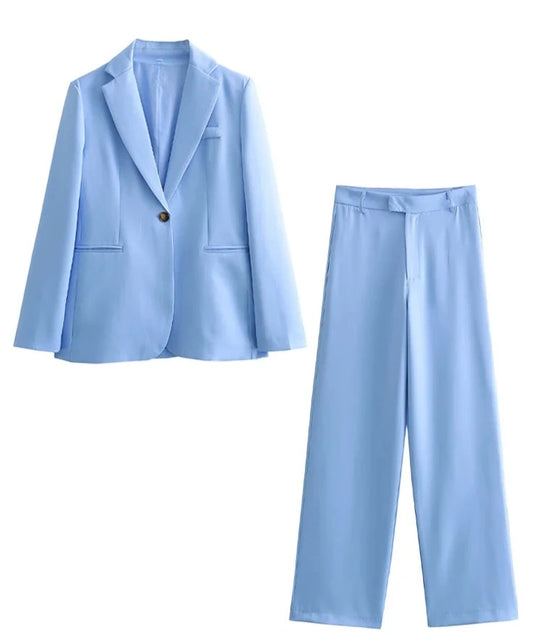 A&A Spring Blue Single Button Wide Leg Pant Suit