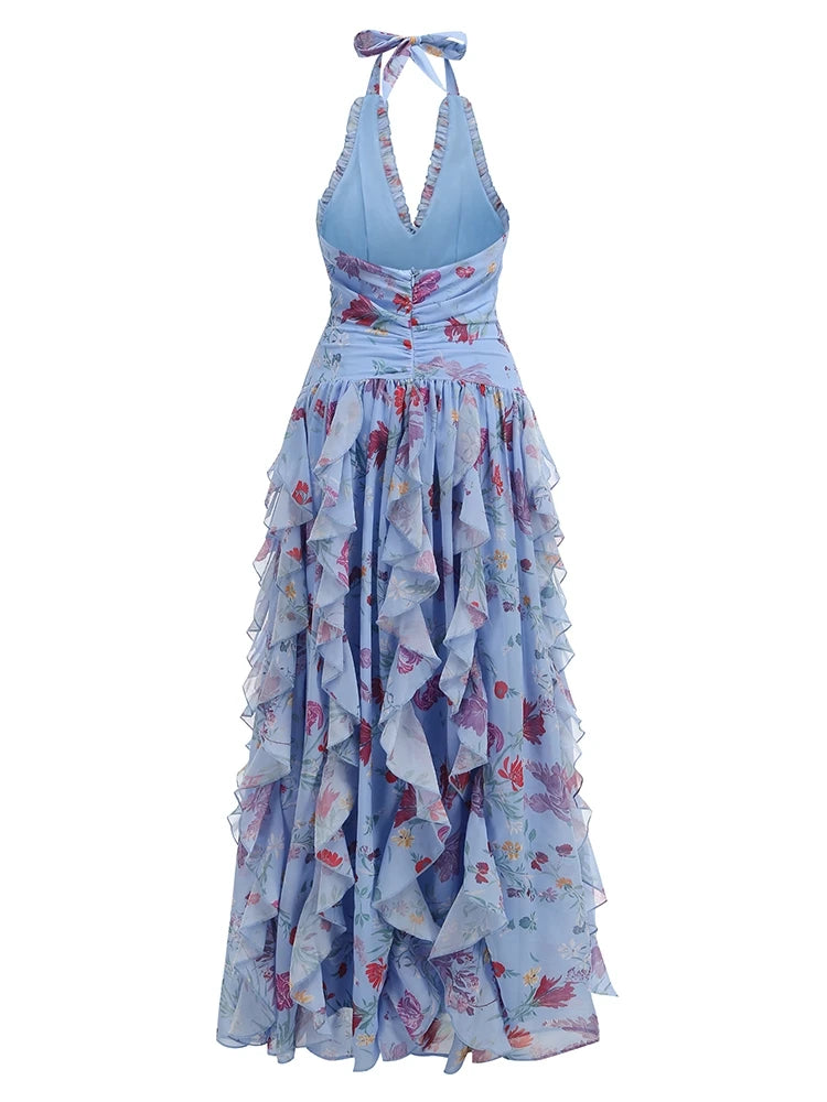 A&A Luxe Bluebell Halter Neck Floral Print Ruffles Maxi Dress