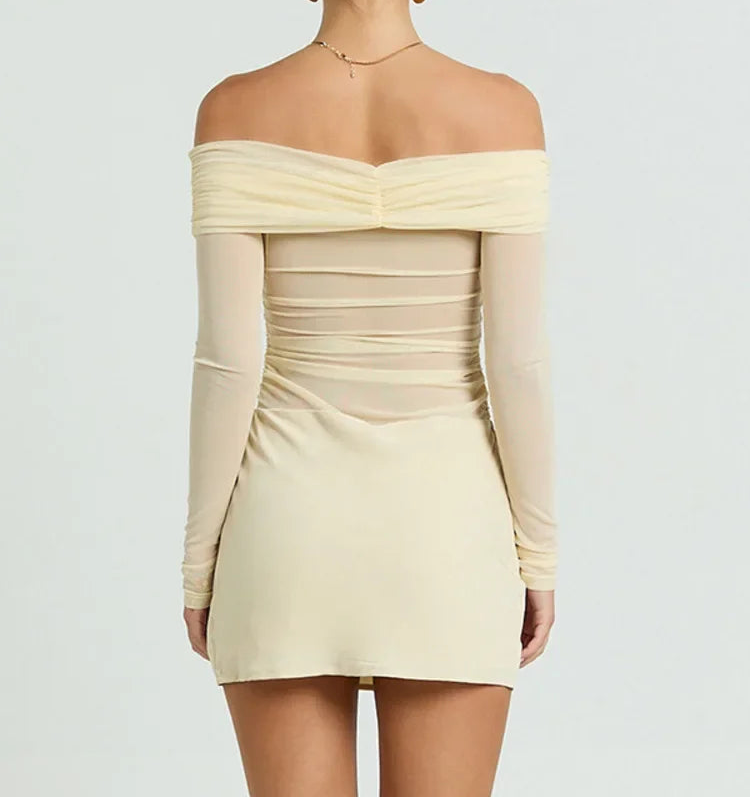 A&A Off-Shoulder Mesh Rushed Long Sleeve Bodycon Mini Dress
