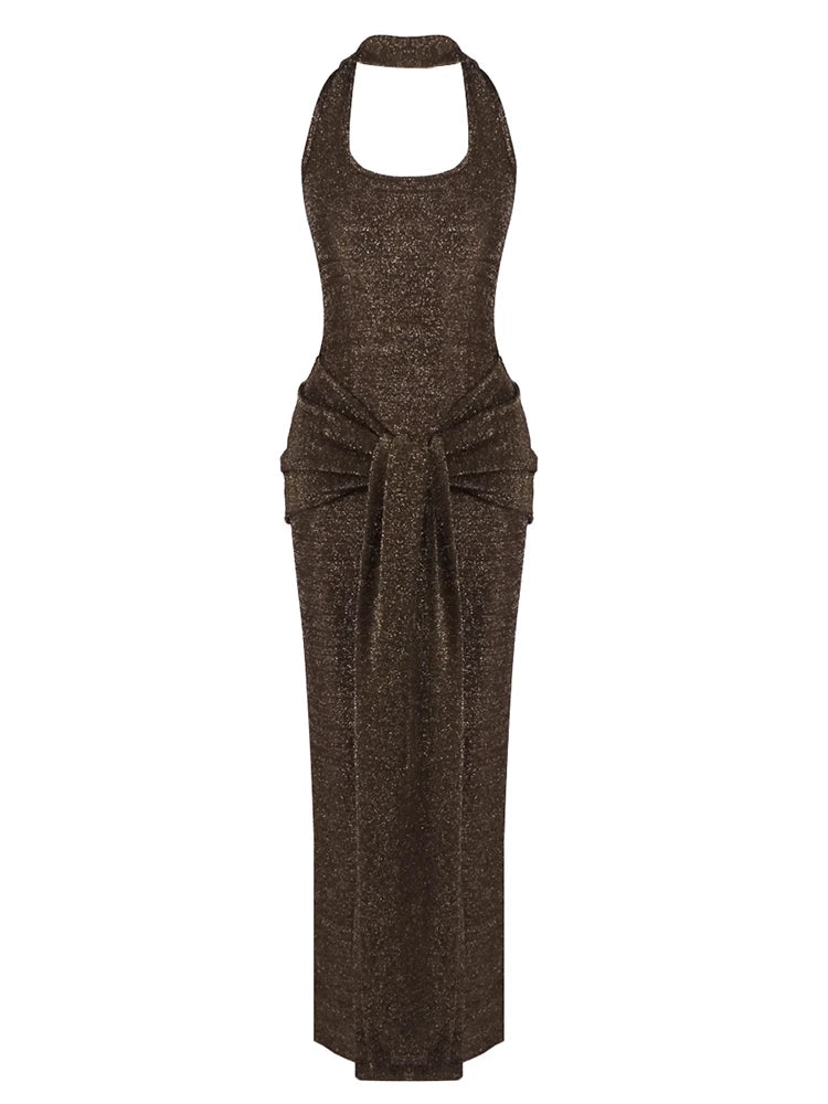 A&A Cressida Halter Neck Draped Glitter Maxi Dress