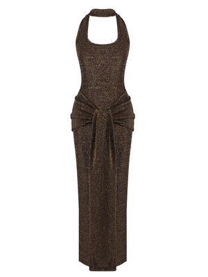 A&A Cressida Halter Neck Draped Glitter Maxi Dress
