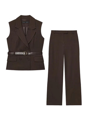 A&A Belted Sleeveless Blazer Vest & Wide Leg Pants Set