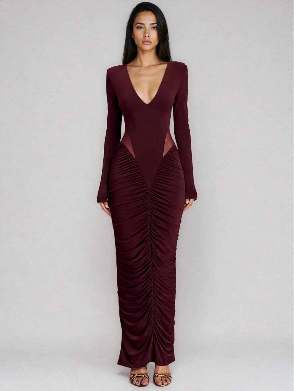 A&A Long Sleeved Ruched Slinky Bodycon Maxi Dress