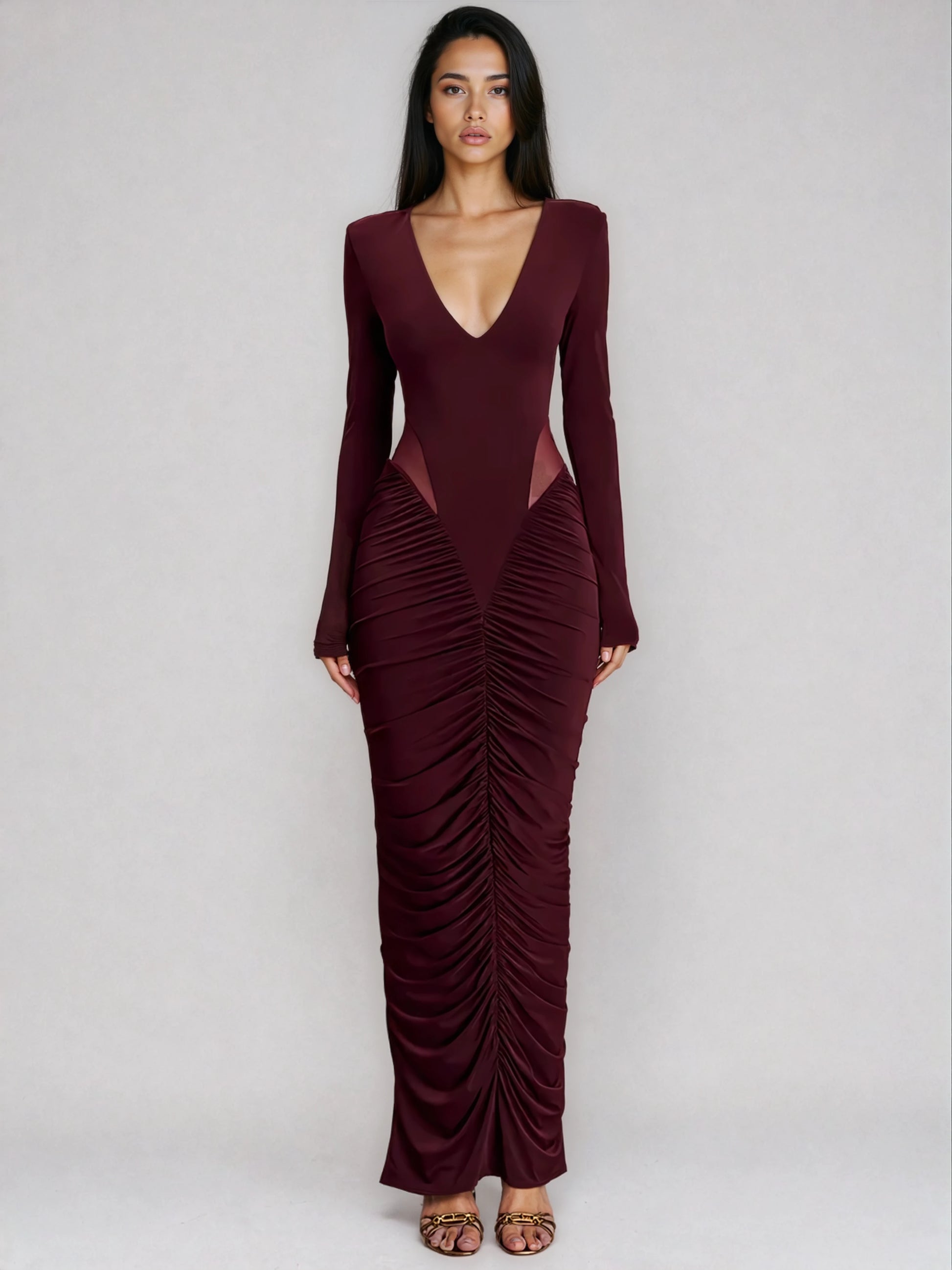 A&A Long Sleeved Ruched Slinky Bodycon Maxi Dress