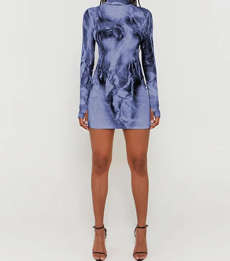 A&A Abstract Long Sleeve Highneck Bodycon Mini Dress