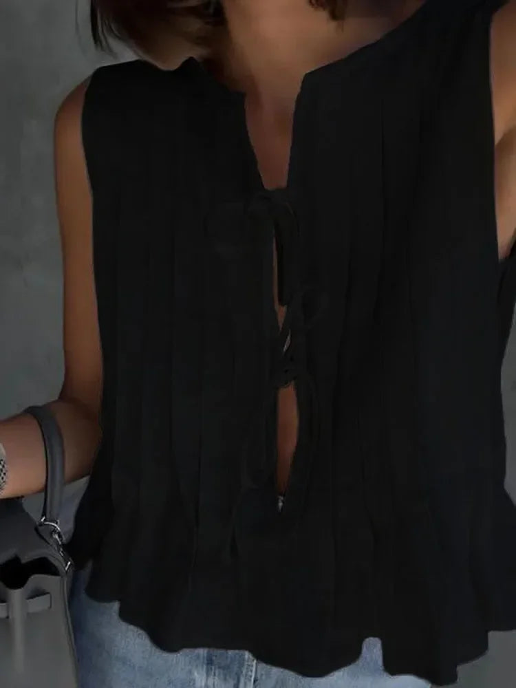 A&A Pleated Tie Front Sleeveless Chic Top