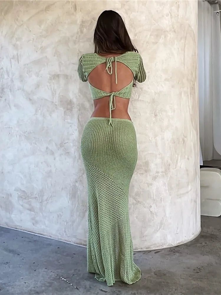 2 piece crochet dress Crochet Skirt and Top Set: Tropical Fling Two-Piece Maxi in Brown Little Secret Of Mine