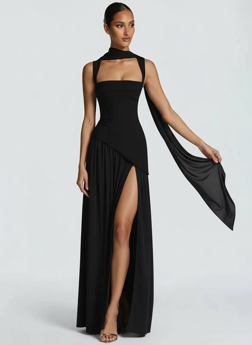 A&A Asymmetric High Slit Corset Maxi Dress